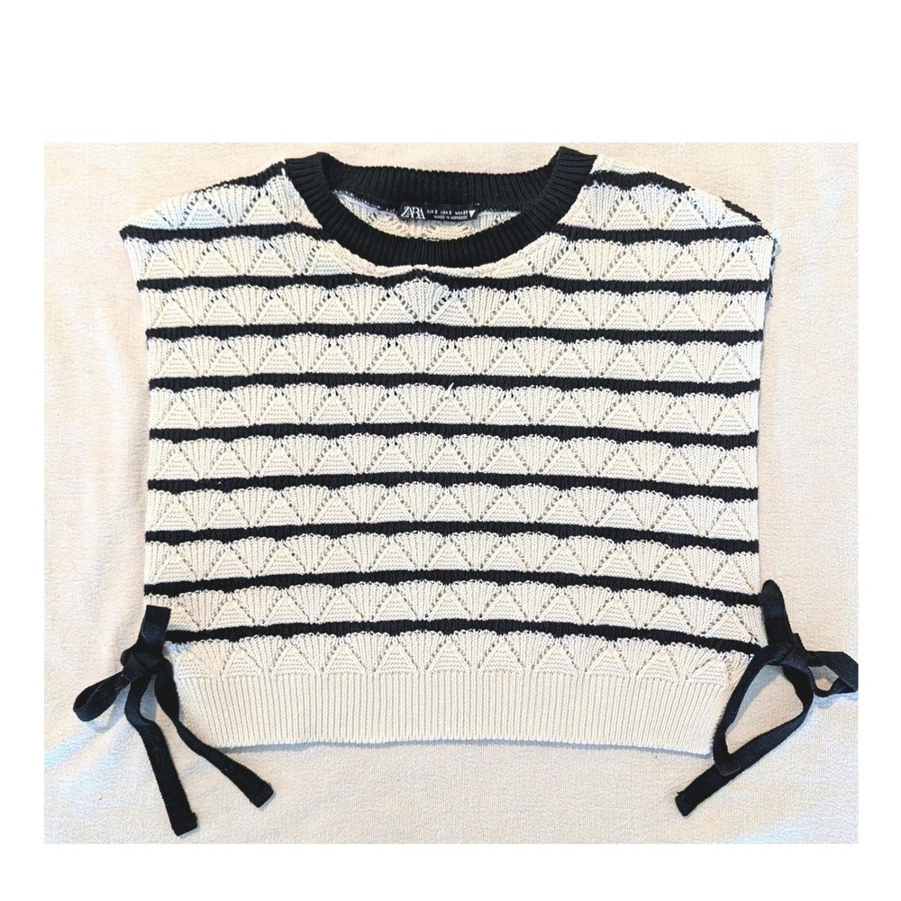 ZARA Textured Knit Tie-Side Vest Top Black & Cream Geometric Sleeveless S